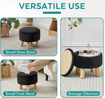 Small Foot Stool Ottoman with Storage, Faux Fur Ottoman Foot Rest for Couch, Round Footstool with Storage, Small Ottomans and Footstools for Living Room and Entryway (Black)