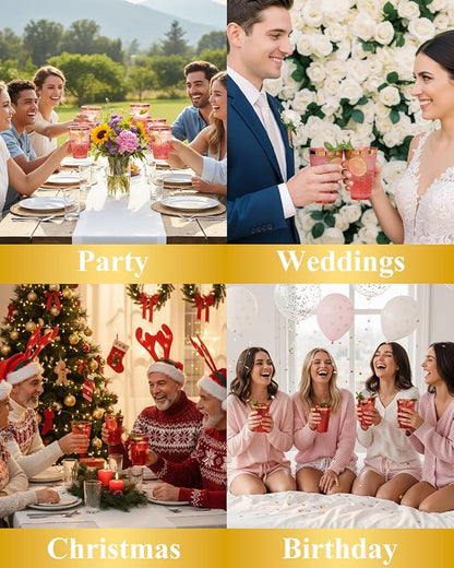 Goodluck 50PCS 14oz Red and Gold Plastic Cups for Party, Disposable Gold Rim Cups, Plastic Cocktail Glasses for Wedding Thanksgiving, Christmas, and Parties
