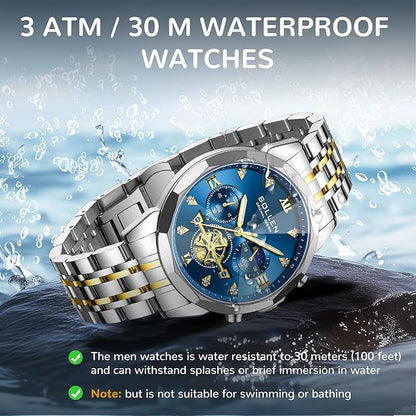 SOLLEN Mens Luxury Watches, Analog Quartz Chronograph Watches for Men, Stainless Steel Watch with Moon Phase, 30M Waterproof Wrist Watch for Men,Business Dress Classic Elegant Work Watch Gifts for Man