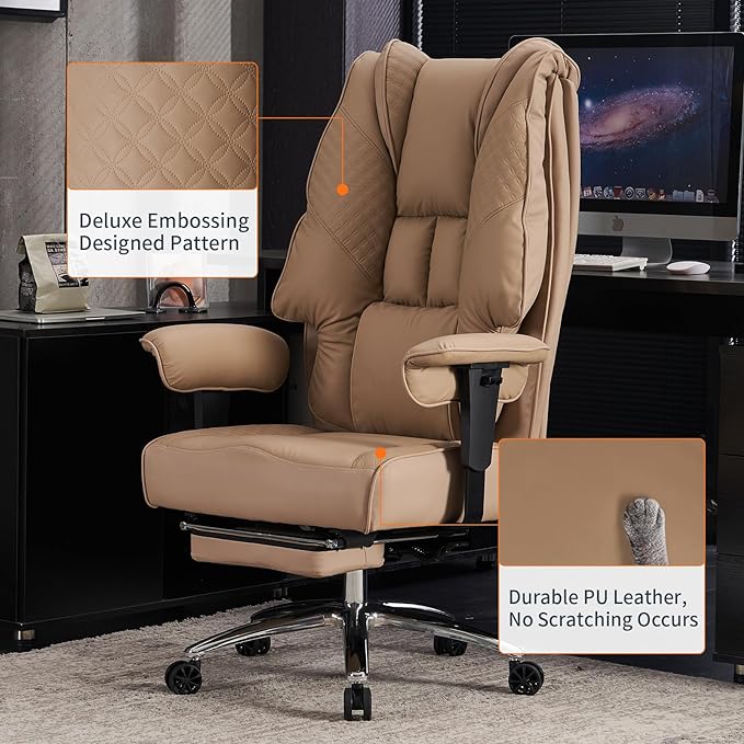 Big and Tall Office Chair 400lbs Wide Seat, Leather High Back Executive Office Chair with Foot Rest, Ergonomic Chairs Lumbar Support for Lower Back Pain Relief (Brown)