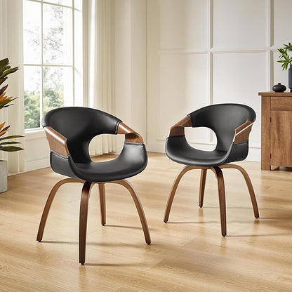 Art Leon Desk Chair No Wheels Set of 2, Mid Century Modern Office Chair, Faux Leather Upholstered Swive Chair with Wood Legs for Living Room Bedroom, Walnut Bentwood, Black/Walnut