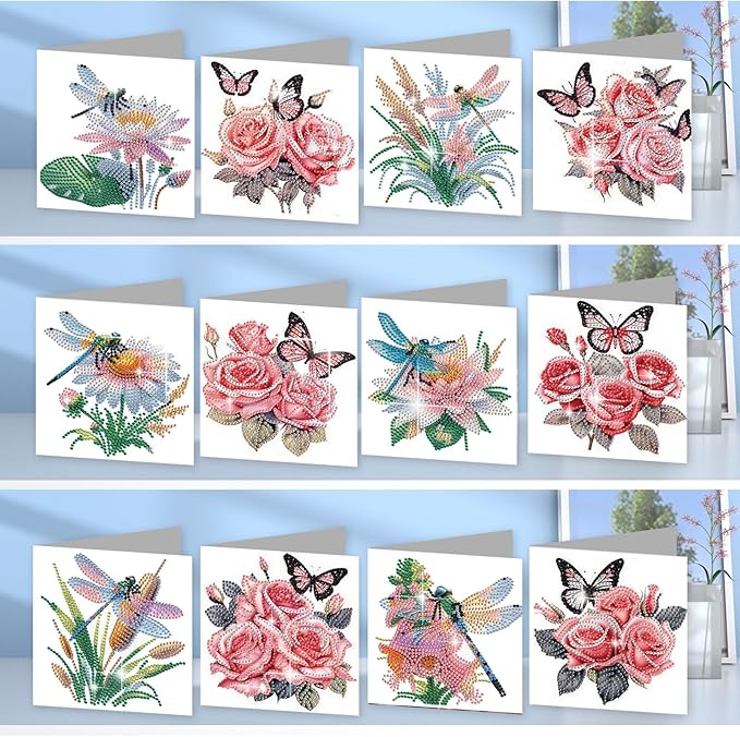 jinglinhh 12pcs Diamond Art Painting Butterfly Flower Dragonfly Daisy Rose Lotus Greeting Cards with Envelopes, DIY Card Making Kits for Adults, Diamond Art Birthday Cards Craft Gifts