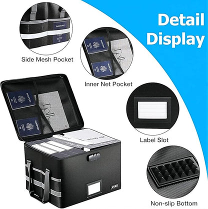 File Box with Lock - Fireproof Document Box File Organizer with Zipper & Adjustable Handle, Collapsible File Storage Box for Home Office, Filing Cabinet for Hanging Letter/Legal Folder