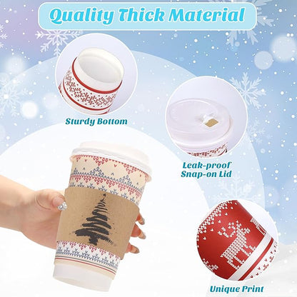 100 Set Christmas Paper Coffee Cups 16 Oz Double-Layer Ugly Christmas Sweater Paper Cups with Lids Cup Sleeves Disposable Winter Cups for Cold Hot Beverages Xmas Party Supplies, 6 Designs