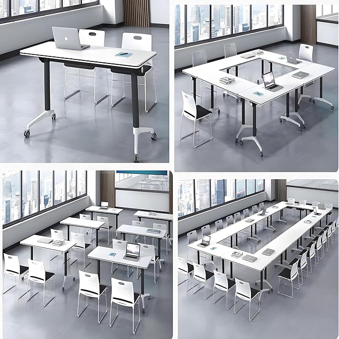 Conference Table, Foldable Flip-top Conference Room Table with Wheels - Mobile Office & Classroom Training Table for Collaborative Workshops, Team Meetings & Seminars (White, 55"×20"×30")