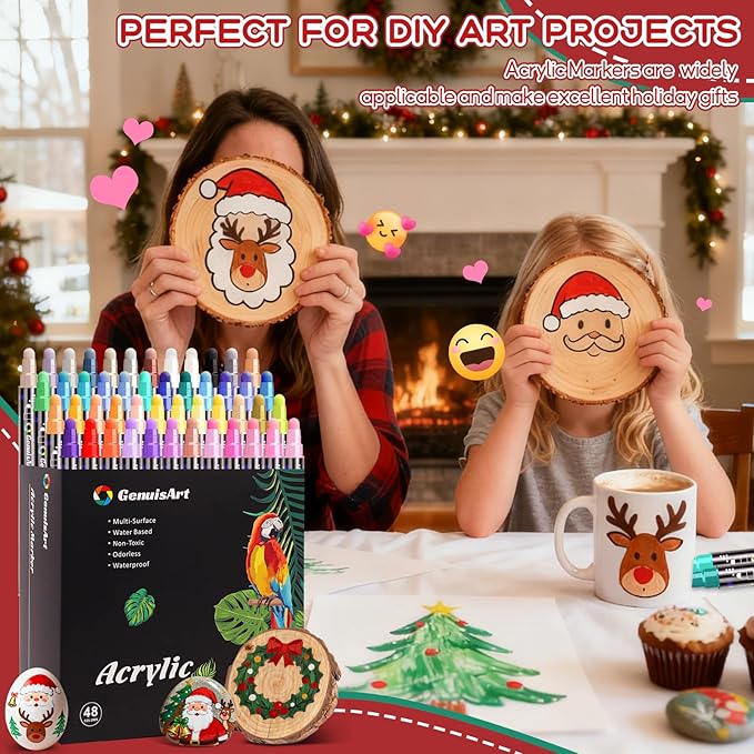 48 Colors Dual Tip Acrylic Paint Pens Markers, Premium Painting Markers Stocking Stuffers for Rock, Wood, Fabric, Glass, Canvas, Ceramic, Christmas Gifts for Teens DIY Crafts Art Supplies