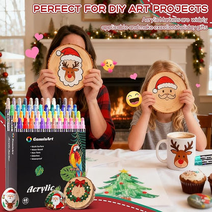48 Colors Dual Tip Acrylic Paint Pens Markers, Premium Painting Markers Stocking Stuffers for Rock, Wood, Fabric, Glass, Canvas, Ceramic, Christmas Gifts for Teens DIY Crafts Art Supplies