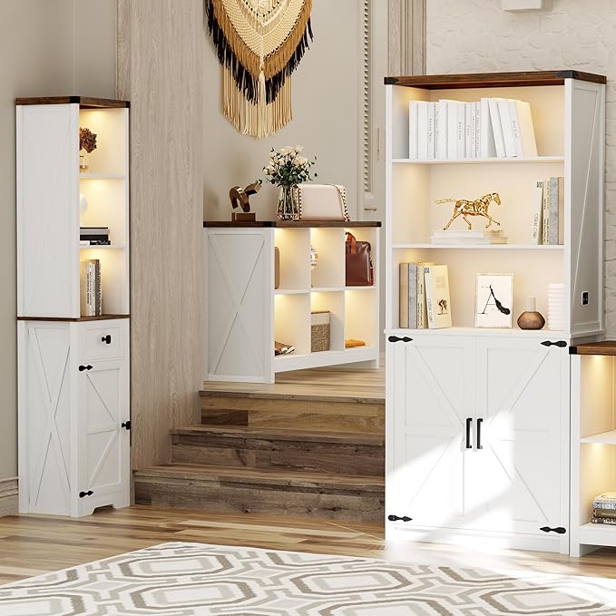 HWB Bookshelf and Bookcase with Doors, Farmhouse 5 Tier Book Shelves with Storage Cabinet, Floor Standing Bookcases with 3-Color Lights for Home Office, Living Room, Bedroom, White