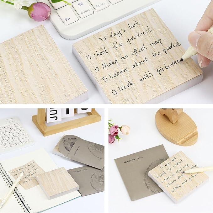 Buqoo Walnut Wood Sticky Note Holder Dispenser with Metal Stencil, 4 x4 Post It Note Dispenser Desk Organizer for to Do Lists, Grocery Lists, Project Lsts It Holds a of Sticky Notes 3"x3"