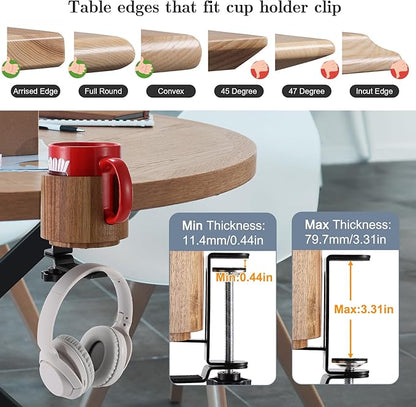 Nnewvante Desk Cup Holder, 2 in 1 360° Rotating Headphone Hanger Under Desk, 360° Anti-Spill Cup Holder, Table Cup Holder for Water Bottles, Gaming Desk Accessories - Acacia Wood