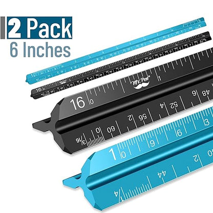 Mr. Pen- Small Architectural Scale Ruler, Aluminium, 6 Inch, 2 Pack, Black and Blue, Pocket Size Ruler, Triangle Ruler, Metal Ruler Set, Architect Scale Ruler for Blueprints