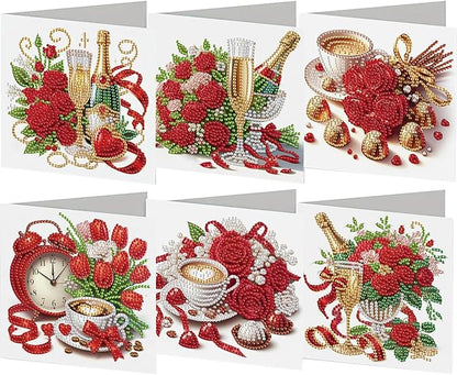 6pcs DIY Valentine Flower Coffee Diamond Art Painting Greeting Cards Kit, Rhinestone Art Holiday Birthday Card Set with Envelopes, DIY Festival Craft for Girlfriend, Christmas Valentine Gift Making Supplies