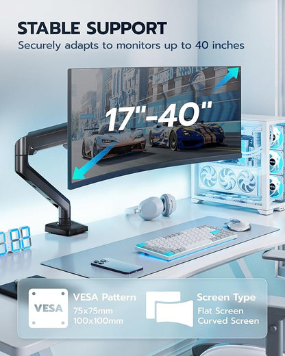 ARES WING Heavy Duty Single Monitor Arm - Fully Adjustable Monitor Mount for 17"-40" Ultrawide Screens up to 26.4 lbs with Clamp/Grommet Desk Mount, 75/100 Vesa Mount, Black