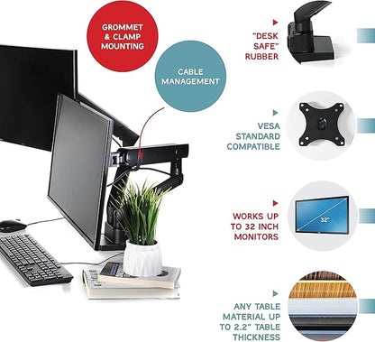 Dual Monitor Arm Stand for 32 Inch Screens - Full Adjustable VESA Mount for 2 Monitors, Heavy Duty Dual Monitor Desk Mount Compatible with C Clamp, Grommet Mounting Base, Holds 26.4lbs per Arm, Black