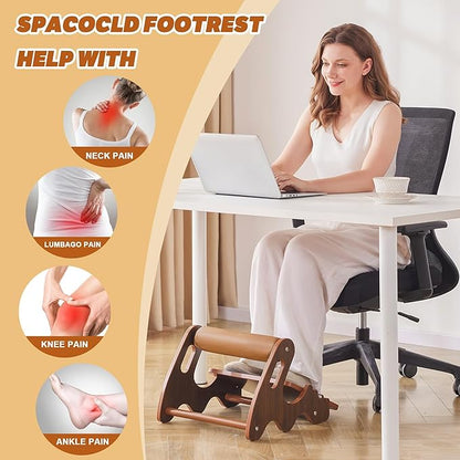 Foot Rest for Under Desk at Work- Adjustable Rocking Foot Stool with 3 Height Positions and Soft Crossbar, Ergonomic Wooden Footrest with Anti-Slip Surface for Home, Office