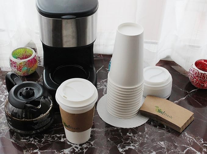 Yes!Fresh Disposable Paper Hot Coffee Cups with Lids for Office Parties Home Travel Corrugated Sleeve Hot Drink Cups (White 16 oz 100 count)