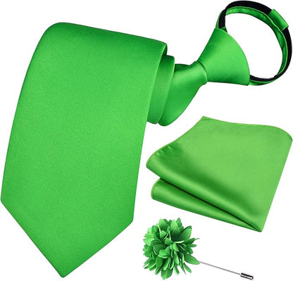 Branduce 3.15"（8cm） Pre-tied Adjustable Zipper Tie and Lapel Pin Solid Necktie Handkerchief Set for Men