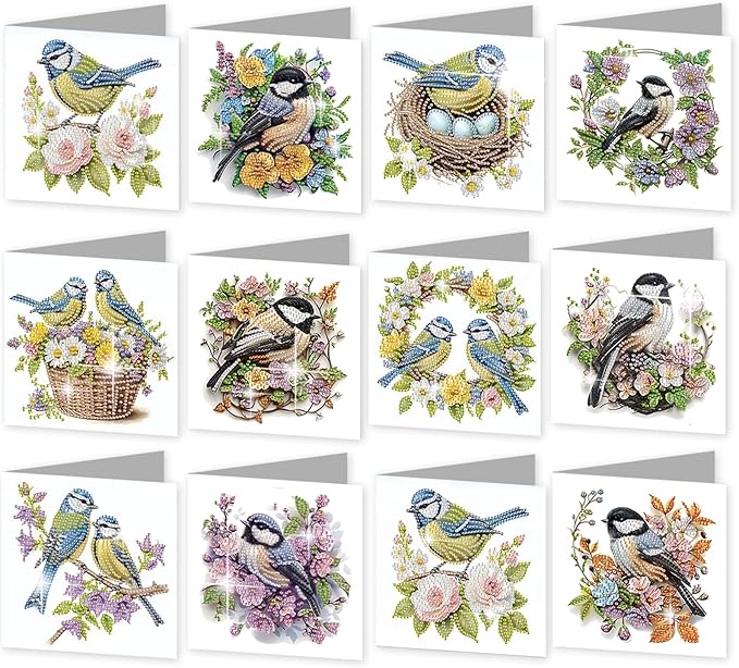 jinglinhh 12pcs Diamond Art Painting Bluebird Flower and Bird Nest Greeting Cards with Envelopes, DIY Card Making Kits for Adults, Diamond Art Postcards Christmas Cards Craft Gifts