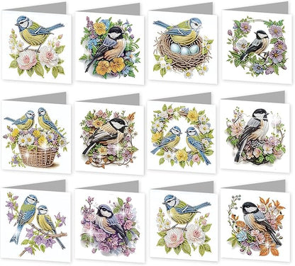 jinglinhh 12pcs Diamond Art Painting Bluebird Flower and Bird Nest Greeting Cards with Envelopes, DIY Card Making Kits for Adults, Diamond Art Postcards Christmas Cards Craft Gifts