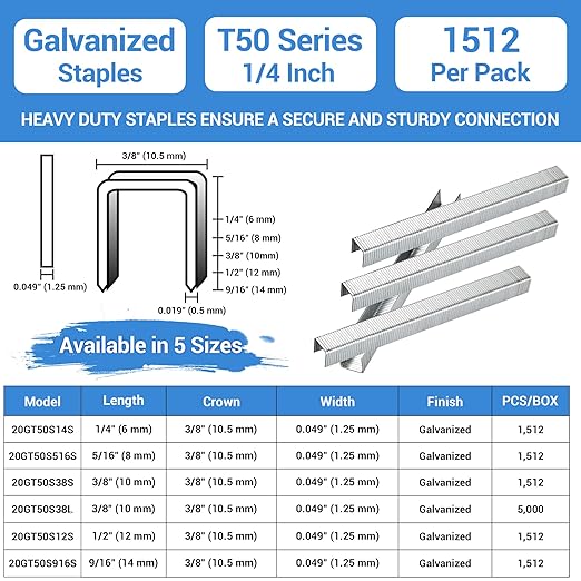 meite T50 Heavy Duty Staples, 1/4 Inch Galvanized T50 Staples for Staple Gun, 20 Gauge 3/8 Inch Crown Staple for Upholstery, Construction, Furniture (1 Case)