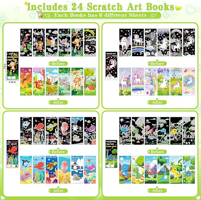 SpringFlower Valentines Day Gifts for Kids, 24 Pack Scratch Art Books Valentines Day Gifts for Kid Classroom School Exchange, Valentines Scratch Art Crafts Kits Bulk Party Favors Prizes for Boys Girls
