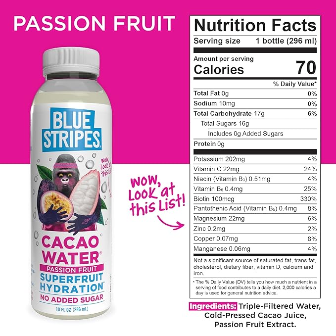 Blue Stripes Cacao Water (Passion Fruit) - All-Natural, No Sugar Added, Superfruit Hydration - Electrolytes & Antioxidants | Vitamin C & B | No Artificial Ingredients | (12 Pack)
