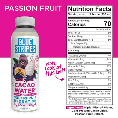 Blue Stripes Cacao Water (Passion Fruit) - All-Natural, No Sugar Added, Superfruit Hydration - Electrolytes & Antioxidants | Vitamin C & B | No Artificial Ingredients | (12 Pack)
