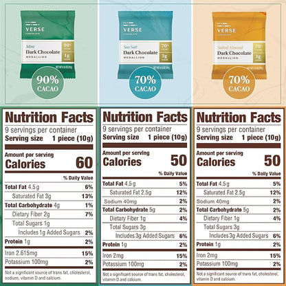 Verse Dark Chocolate Squares Variety Pack - Mint, Sea Salt, Salted Almond w/Low Cane Sugar, High Cacao - Premium Dark Chocolates - Individually Wrapped Chocolate Squares (9 Count, 3 Pack)