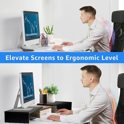 Dual Monitor Stand Riser for 2 Monitors, Monitor Stand for Desk, Adjustable Length Swivel Angle Wooden Desktop Organizer Stand Riser with Smartphone Holder for PC Monitor, Rustic Brown