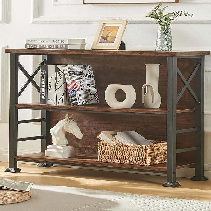 HOMBAZAAR Book Shelf,3 Tier Bookshelf with Metal Frame and Backboard,Shelf Bookcase for Living Room,Bedroom and Office,47.2 inch