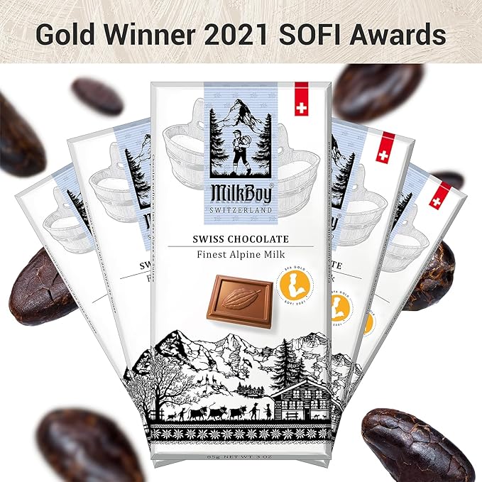 Milkboy Swiss Chocolates Chocolate Bars - Premium Swiss Alpine Milk Chocolate - Smooth European Milk Chocolates Gift - Sustainably Farmed Cocoa - Gluten Free - 3 oz, Pack 5