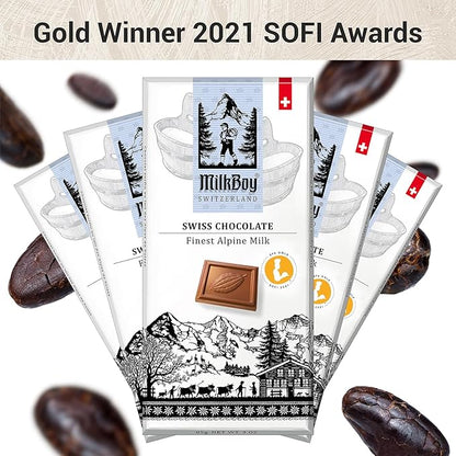 Milkboy Swiss Chocolates Chocolate Bars - Premium Swiss Alpine Milk Chocolate - Smooth European Milk Chocolates Gift - Sustainably Farmed Cocoa - Gluten Free - 3 oz, Pack 5