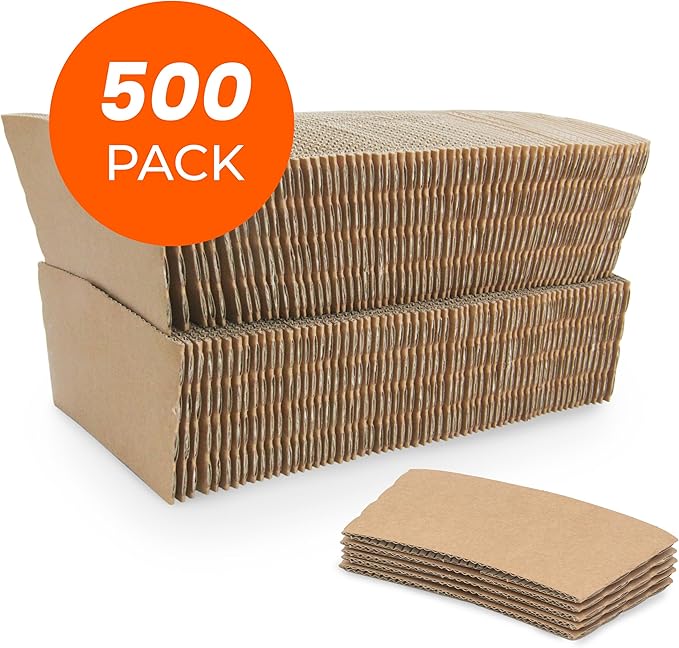 FMP Brands 500 Pack Kraft Coffee Cups Sleeves Disposable Bulks, Durable Corrugated Cardboard Cup Sleeves for 12-24 oz Cups, Beverage Insulator and Hand Protection for Hot/Cold Drinks