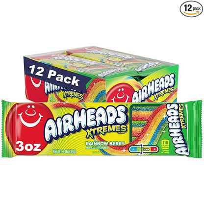 Airheads Xtremes Belts, Halloween Trick or Treat Sweetly Sour Candy, Rainbow Berry Flavor, Individually Wrapped Bulk Candy for Adults & Kids, Movie Theater, Party, Non-Melting, 3 oz (Pack of 12)