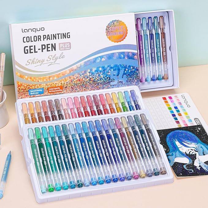 Glitter Gel Pens, 54 Pack Colored Pens for Black Paper & White Paper, 1.0mm Point Pens, Large Capacity Ink Pens for Coloring, Writing, Drawing, Journaling, Note Taking, School, Office, Home