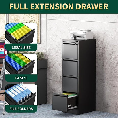 4 Drawer File Cabinet with Lock, Steel Vertical Filing Storage Cabinet for Home Office, Heavy-Duty File Cabinets for Letters/Legal/A4 (Require Assembly, Black)