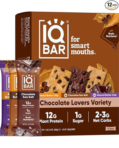 IQBAR Brain and Body Plant Protein Bars - Chocolate Lovers Variety - 12-Count - Keto, Vegan, Low Carb, High Fiber, Gluten Free, Dairy Free, Low Sugar Snack with Nutrients for Focus, Energy, Meal Replacement