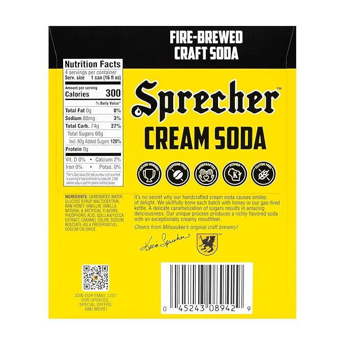 Sprecher Cream Soda Craft Soda – Fire-Brewed with Real Honey, Rich Vanilla Honey Flavor, Handcrafted, Caffeine-Free Gourmet Beverage – 16 fl oz Cans (12 Pack)