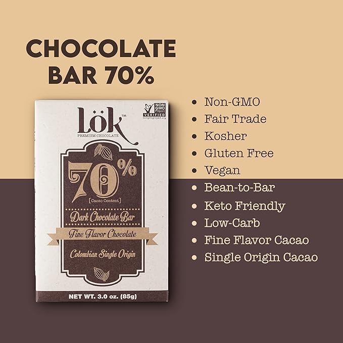Lok Dark Chocolate Bar 70% Cacao | Fair Trade, Non GMO, Kosher, Gluten Free, Vegan, Bean-to-Bar, Paleo, Ethically Sourced Lök | 3.0 Ounce 12 Pack