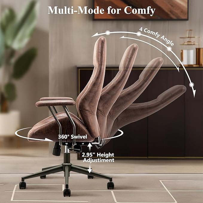 Mid Century Modren Office Chair,High Back Ergonomic Executive Chair with Lumbar Support, Computer Desk Swivel Task Chair with Wheels, Faux Lether Suede Fabric Home Chair (Dark Brown)