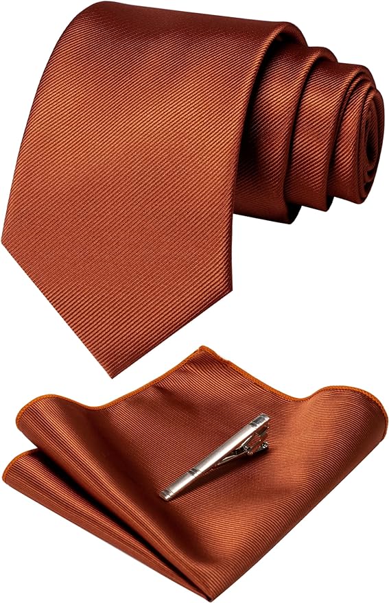 JEMYGINS Solid Color Formal Necktie and Pocket Square Tie Clip Sets for Men