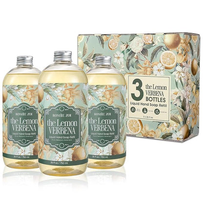ROMIIE ZOI Liquid Hand Soap Refill Gift Set-3 Pack, Cruelty-Free and Biodegradable Formula, Moisturizing Hand Wash with Essential Oil for Sensitive Skin, Lemon Verbena Scent,(26Fl Oz x 3)
