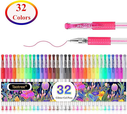 Taotree Glitter Gel Pens, 32 Colors Neon Glitter Pens Fine Tip Art Markers Set 40% More Ink Colored Gel Marker for Adult Coloring Book, Drawing Art Supplies, Scrapbook, Journaling, Sparkle Gifts