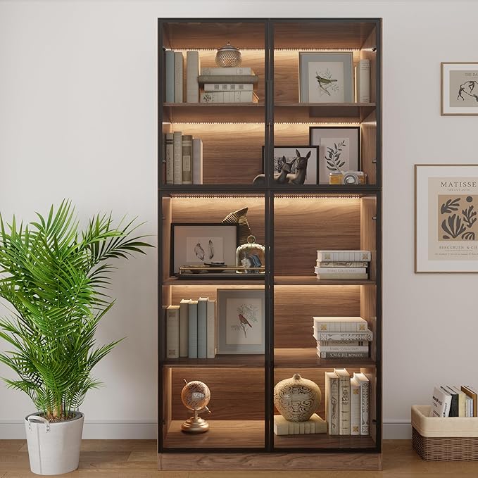 78.7" Display Cabinet with 4 Glass Doors, 5 -Tier Storage Cabinet with LED Lights, Tall Walnut Bookcase with Storage, Wooden Display Case for Collectible, Living Room, Office (Walnut)