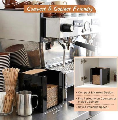 Aolamegs Coffee Cup Sleeve Holder Dispenser - Black Acrylic 2 Compartment Vertical Organizer, Slim Front-to-Back Design Saves Counter Space, Holds 100 Sleeves for Home, Office&Coffee Station(5.39" W)