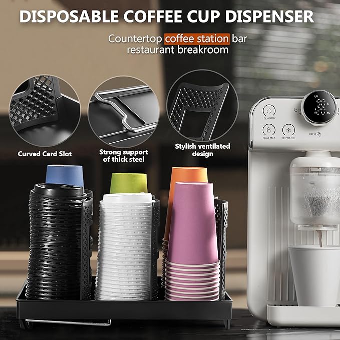 6-Slot Paper Cup and Lid Holder, Disposable Coffee Cup Dispenser, Upright Paper Cup Dispenser for Coffee Stations, Kitchens, Bars, Restaurants, Lounges (Black)