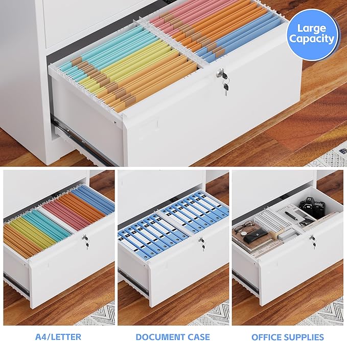 SUXXAN Metal 2 Drawer Lateral File Cabinet with 2 Lock - Wide Filing Cabinet for Letter/Legal/F4/A4 Hanging Files - Includes Business Card Holder,Home Office School Storage,White