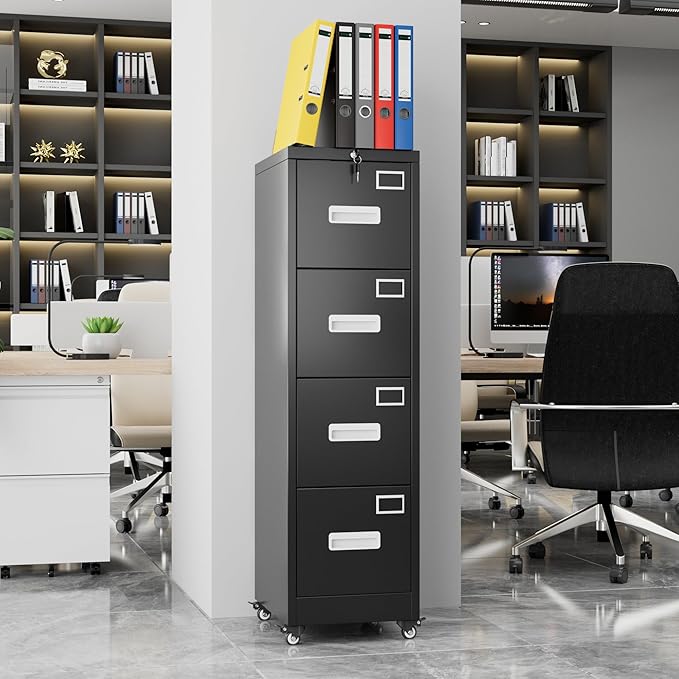 Aobabo 4 Drawer File Cabinet with Wheels, Lockable Metal Filing Cabinet with Name Card for Office and Home,Assembly Required,Black