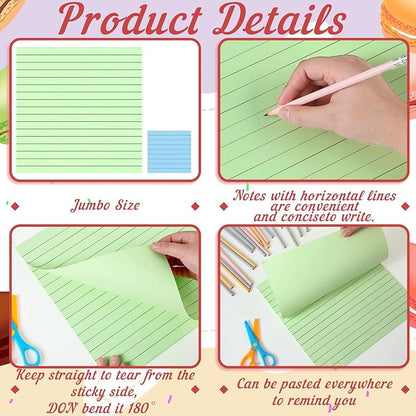 8 Pads Big Sticky Notes 11 x 11 Inch Lined Jumbo Large Sticky Notes for Wall,Giant Strong Power Memo Square Post for Office, 25 Sheets/Pad(Pastel Color)