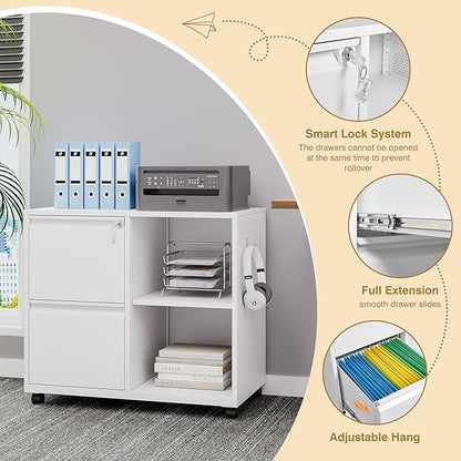 Lateral 2 Drawer Filing Cabinet with Lock, Mobile File Cabinet on Wheels, Printer Stand with Storage for Legal/Letter/A4 File Folders(White)
